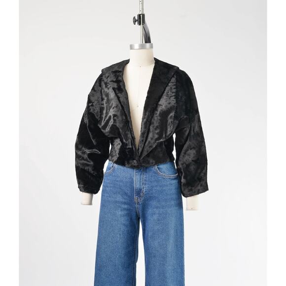 Vintage 50s 60s Black Faux Fur Dolman Sleeve Deep V Neck Cropped Jacket S M - Picture 2 of 7